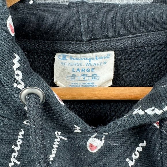 Champion Jumper Mens Large All Over Print Reverse Weave Hoodie Pullover Black - Picture 5 of 11